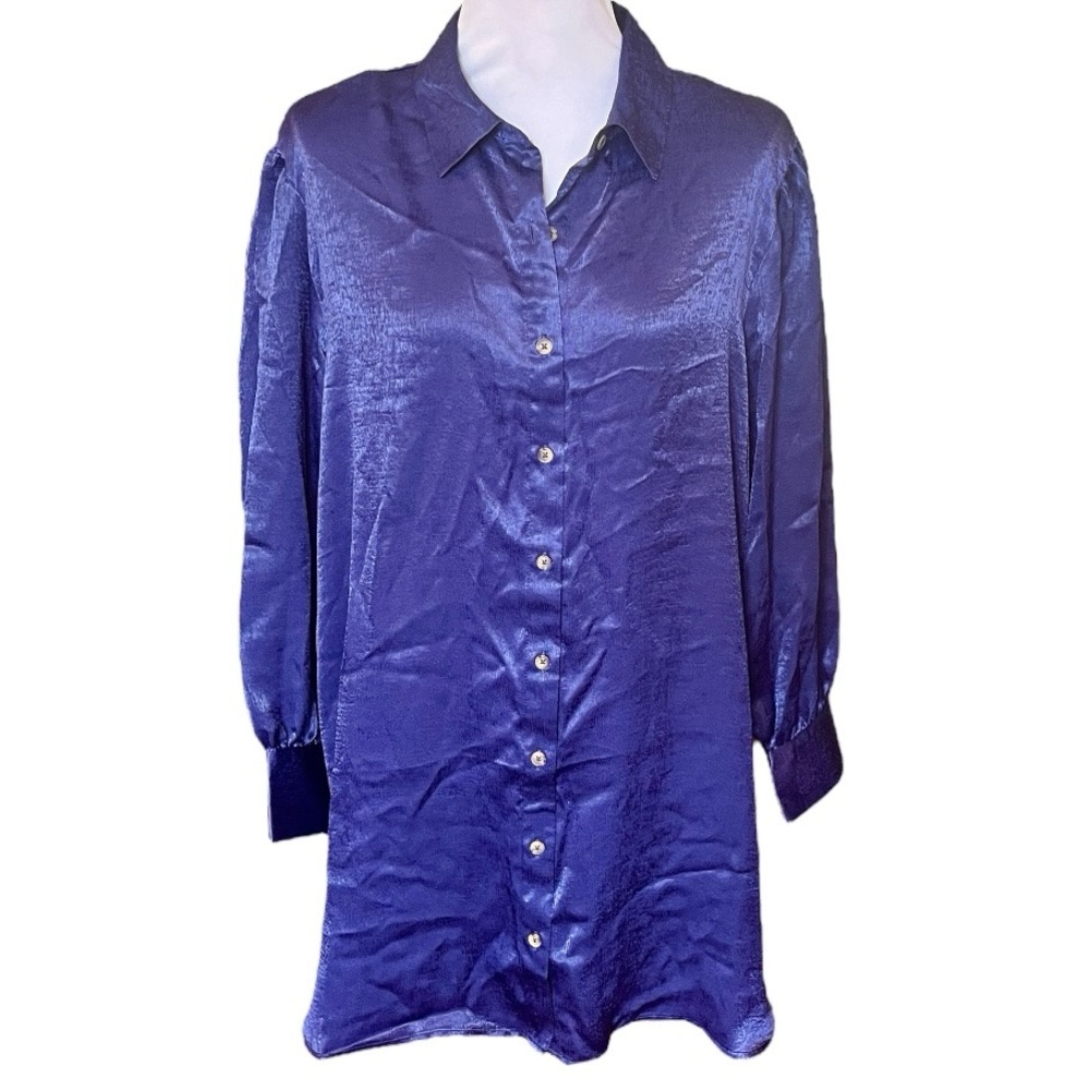 Forever 21 Navy Glossy Silky Texture Oversized Long Shirt Dress size S Small
